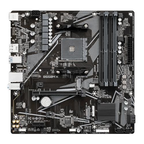 M1331 - Placa Mãe AM4 Gigabyte B550M K DDR4 ( 4x DDR4 / 1 x slot PCI Express x16 / 1 x slot PCI Express x1 / 4x USB 3.2 Gen / 4x USB 2.0 / 1x HDMI / 1x DisplayPort )  <b>Compatível com os Proc AMD Ryzen Série 5000, 5ª, 4ª e 3ª Gerações</b> M1331 - Placa Mãe AM4 Gigabyte B550M K DDR4 ( 4x DDR4 / 1 x slot PCI Express x16 / 1 x slot PCI Express x1 / 4x USB 3.2 Gen / 4x USB 2.0 / 1x HDMI / 1x DisplayPort )  <b>Compatível com os Proc AMD Ryzen Série 5000, 5ª, 4ª e 3ª Gerações</b>