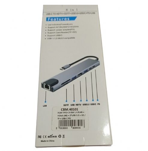 Hub Adaptador 8 em 1 Tipo USB C para 1 x PD / 1x HDMI 4K / 2x USB 3.0 / 1x SD / 1x Micro SD / 1x RJ45 10/100Mbps GV Brasil HUB.40101 Hub Adaptador 8 em 1 Tipo USB C para 1 x PD / 1x HDMI 4K / 2x USB 3.0 / 1x SD / 1x Micro SD / 1x RJ45 10/100Mbps GV Brasil HUB.40101